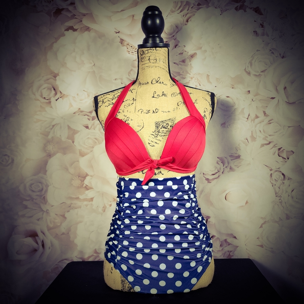 NWOT High Waist Navy Blue and Red Polkadot Bikini-XL